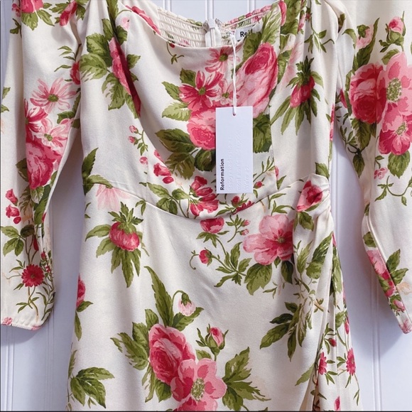 Reformation Hilda Floral Print Ruched Smocked Midi Dress In Jardin NWT Size 10 - Picture 11 of 15